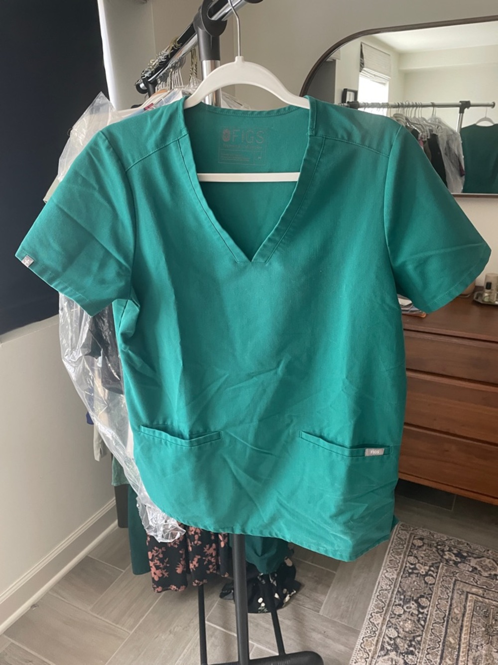 Figs Teal V-Neck Scrub Top with Front Pockets